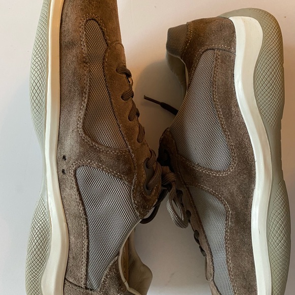 PRADA AMERICAS CUP SNEAKERS OLIVE SUEDE/MESH LOGO TONGUE/HEEL/INSOLE 10.5 EXCELL - Picture 14 of 16